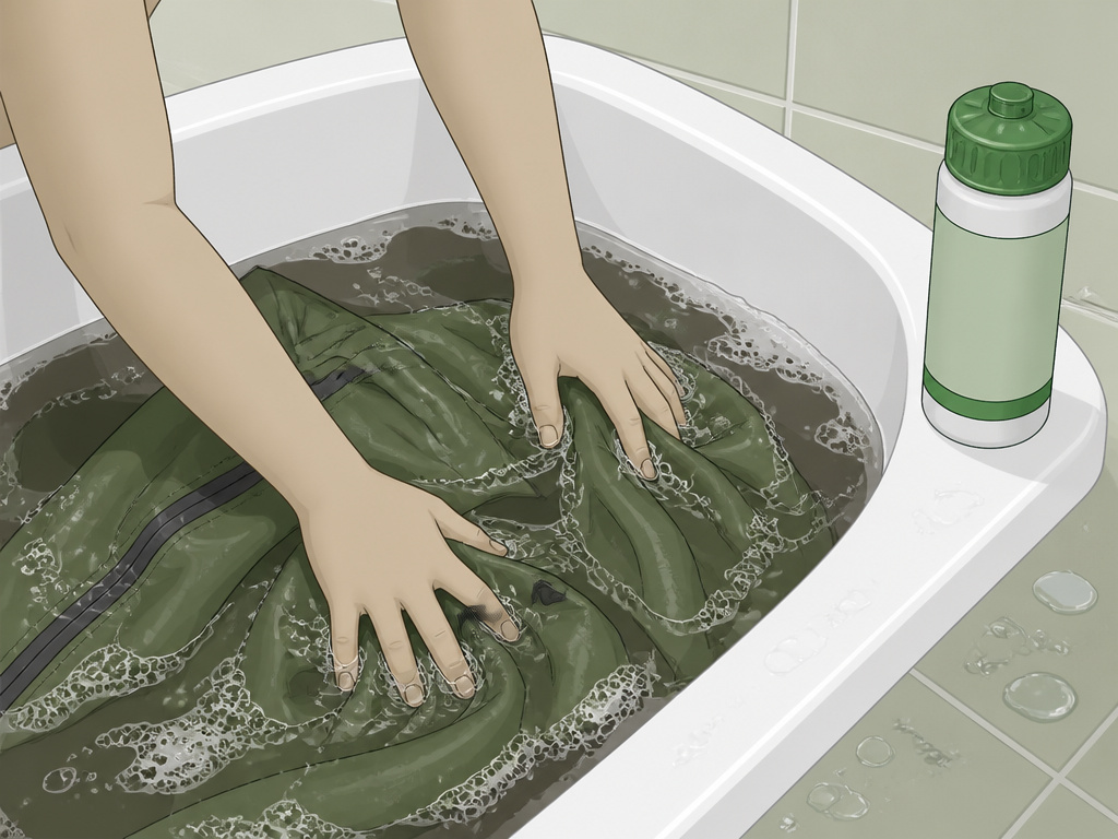 Cleaning a dirty tent by hand in a bathtub filled with soapy water.