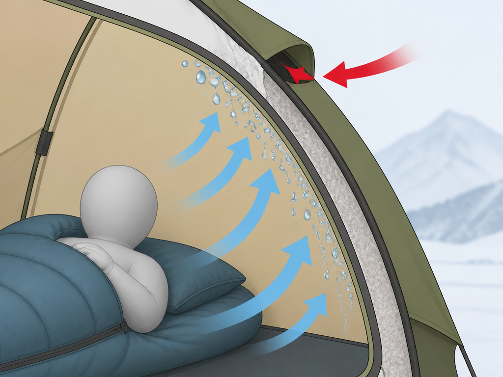 Diagram showing how tent condensation forms and is managed by ventilation.