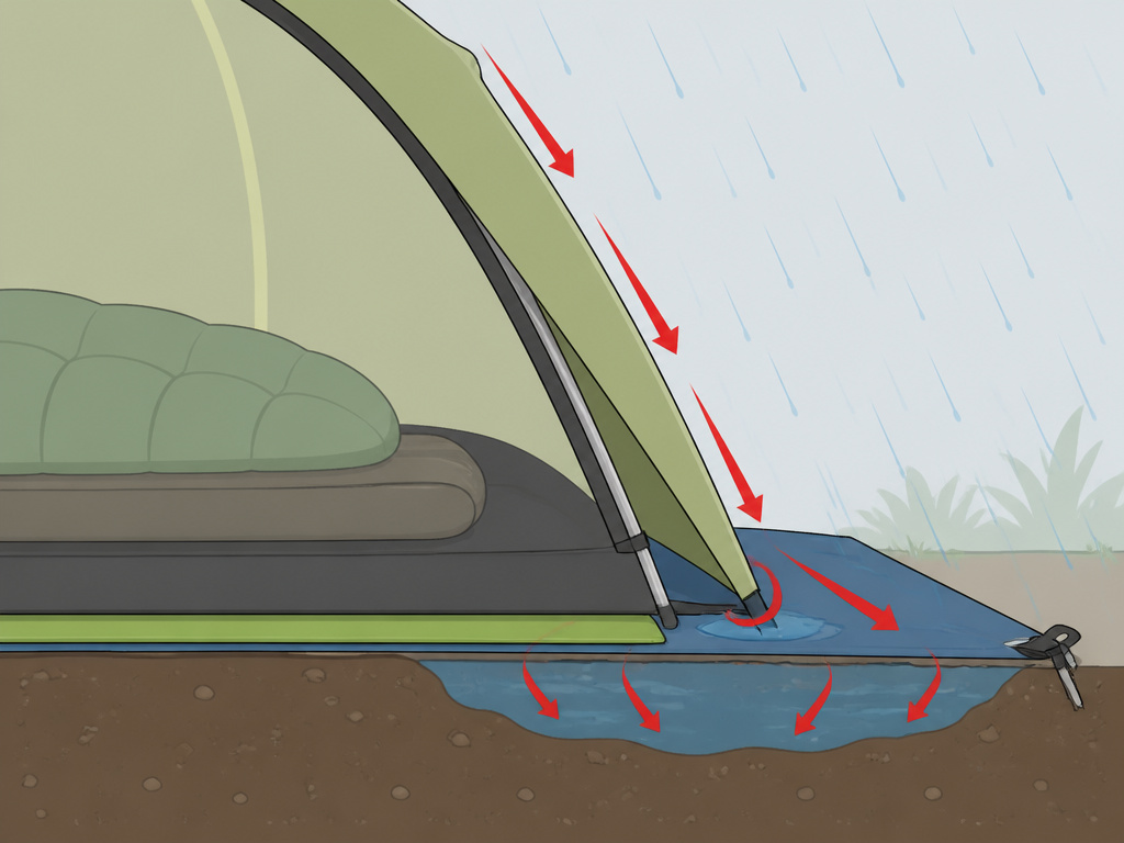 Correct versus incorrect tent footprint sizing diagram for waterproofing