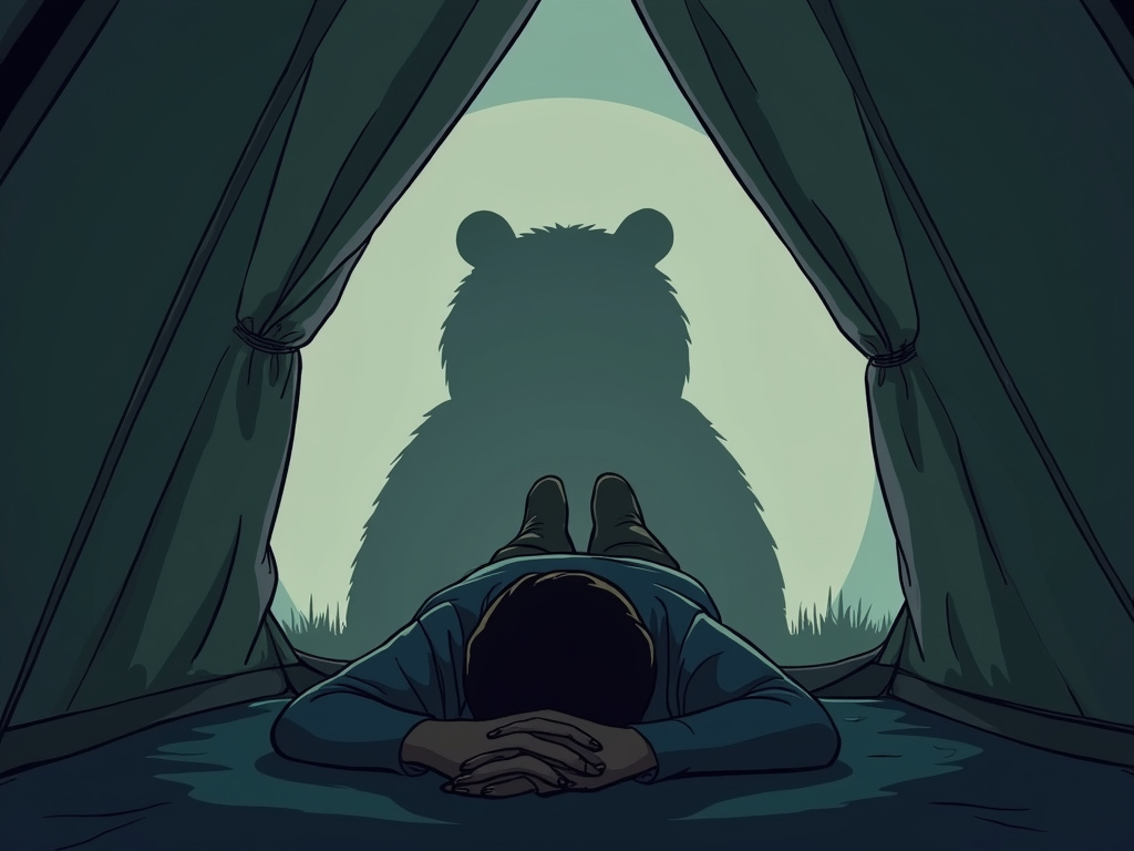 Person playing dead inside tent with defensive bear shadow outside.