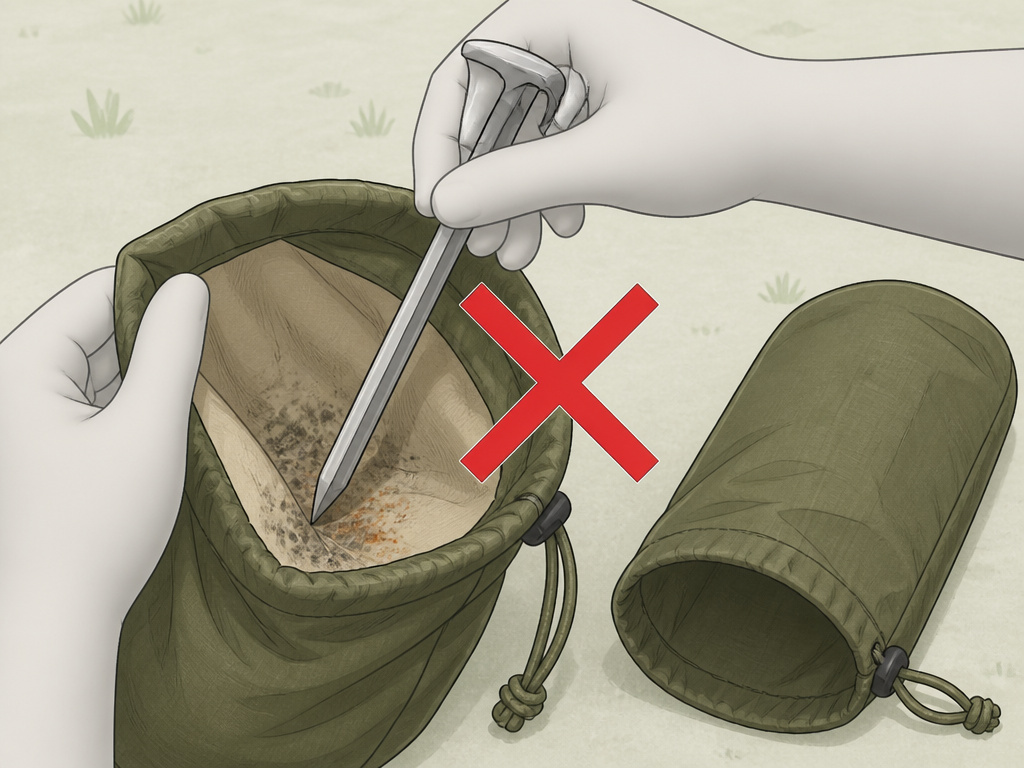 Incorrectly storing tent stakes inside a tent bag causing damage