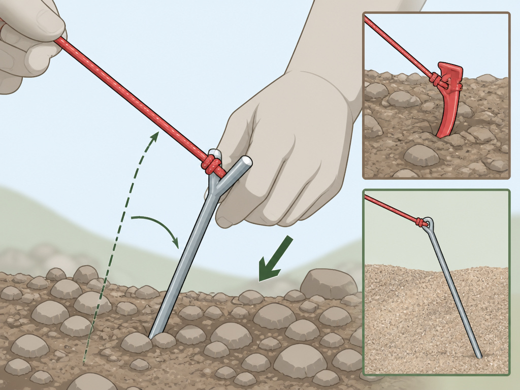Close-up diagram showing correct tent stake angle and selection for different ground types.
