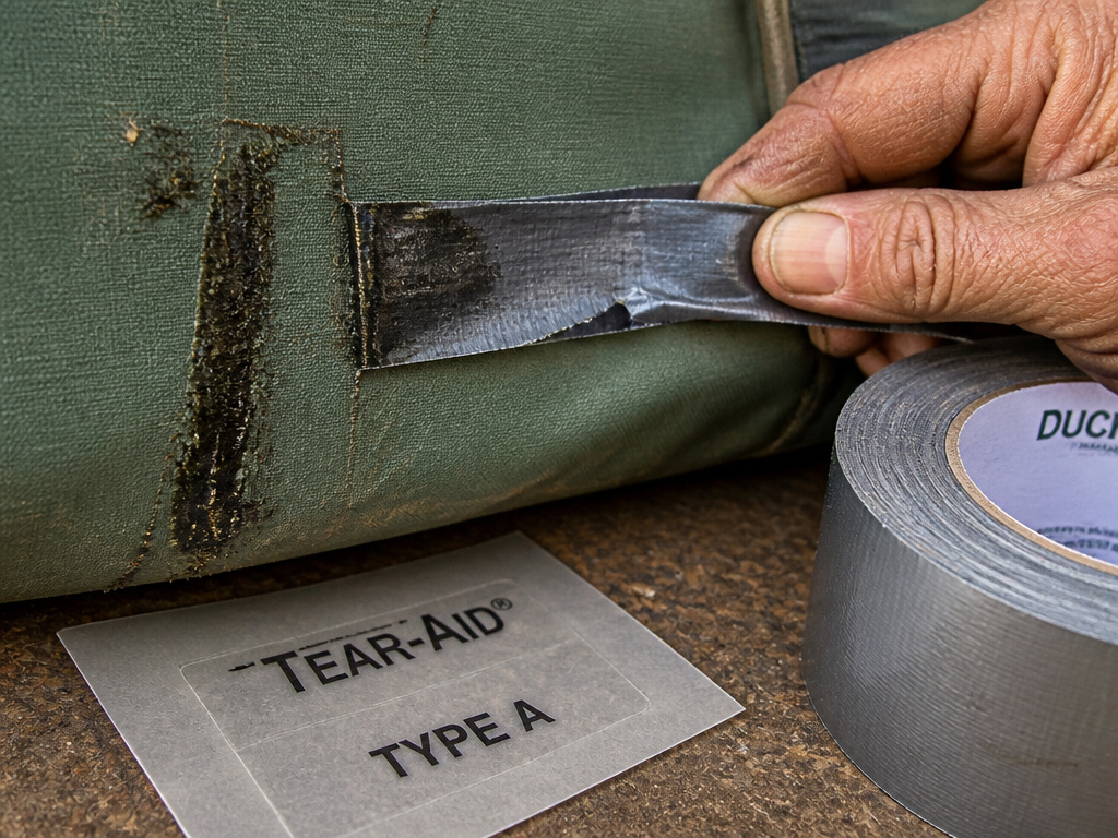 Removing duct tape residue from tent trailer canvas before a permanent repair.