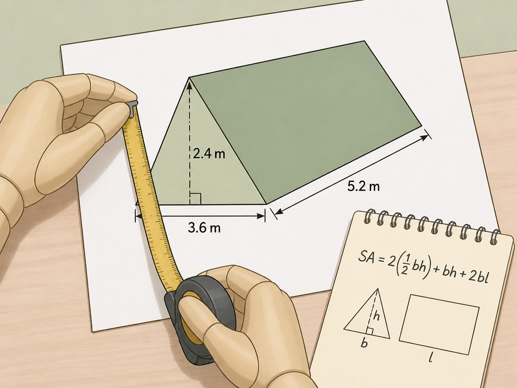 Measuring tent dimensions and applying surface area formula for calculation.