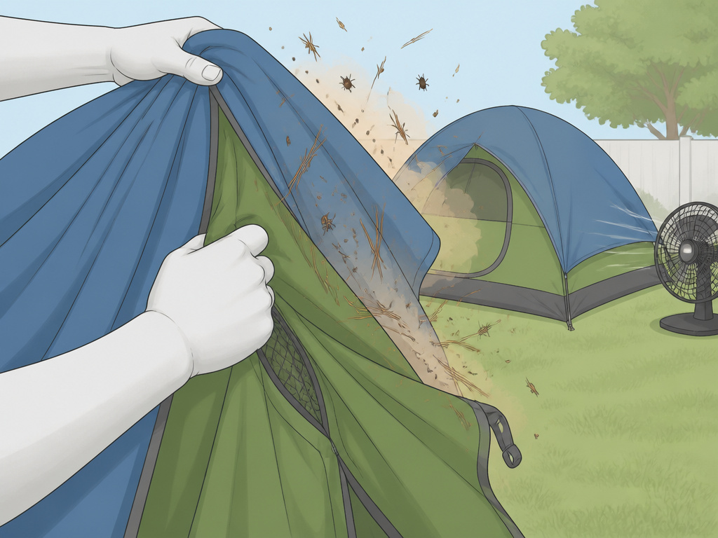 Person shaking out a tent outdoors to remove dirt and debris after camping.