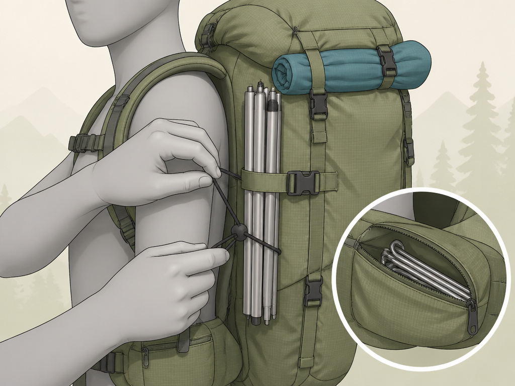 Backpack with tent poles, stakes, and fly separated and attached externally.