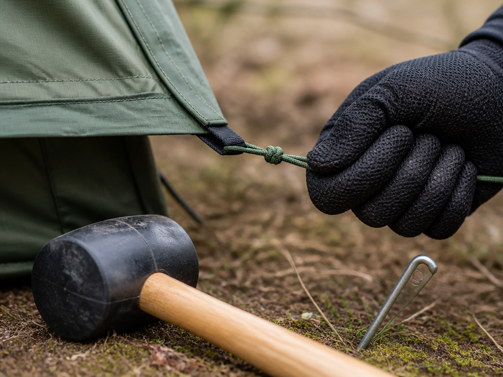 Close-up of gloved hand tensioning a tent guy line with mallet and stake nearby.