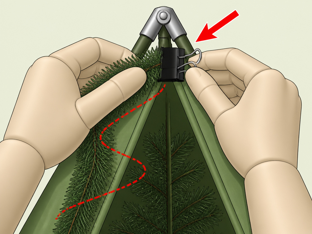 Hands attaching Christmas garland to the peak of a triangular tree tent frame.