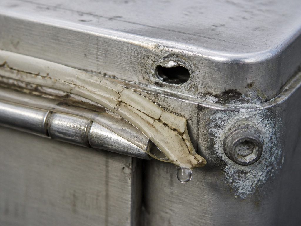 Close-up of tent aluminum lid failure points: sheared rivet and corroded sealant.