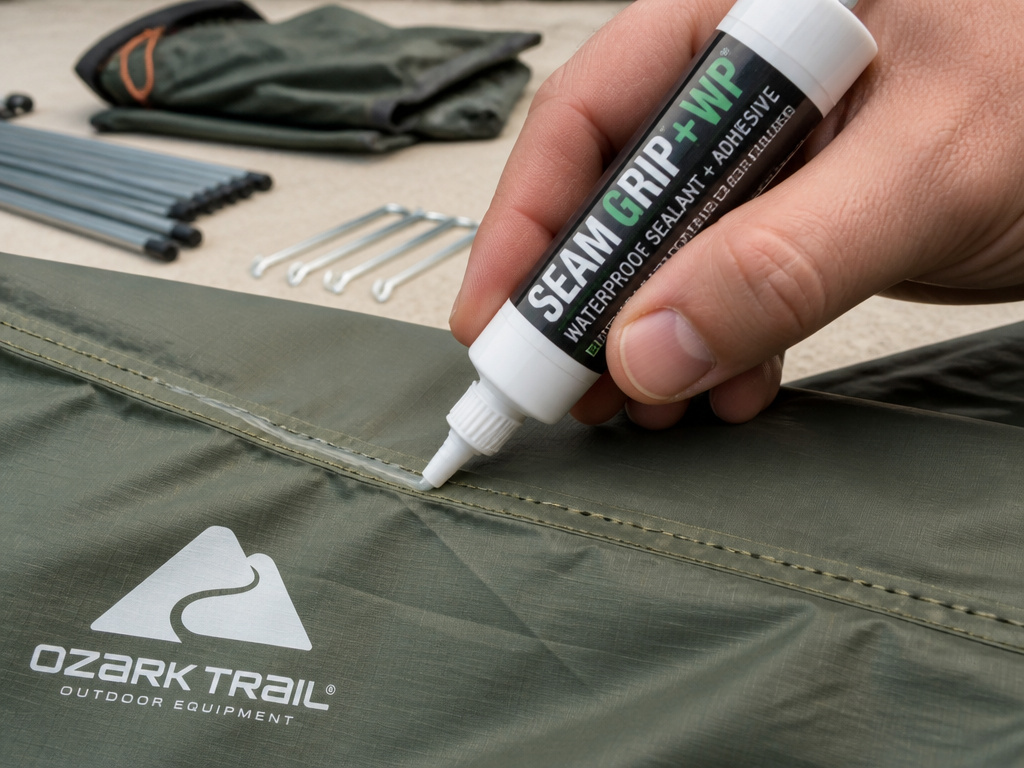 Close-up of seam sealing an Ozark Trail tent for waterproofing maintenance.
