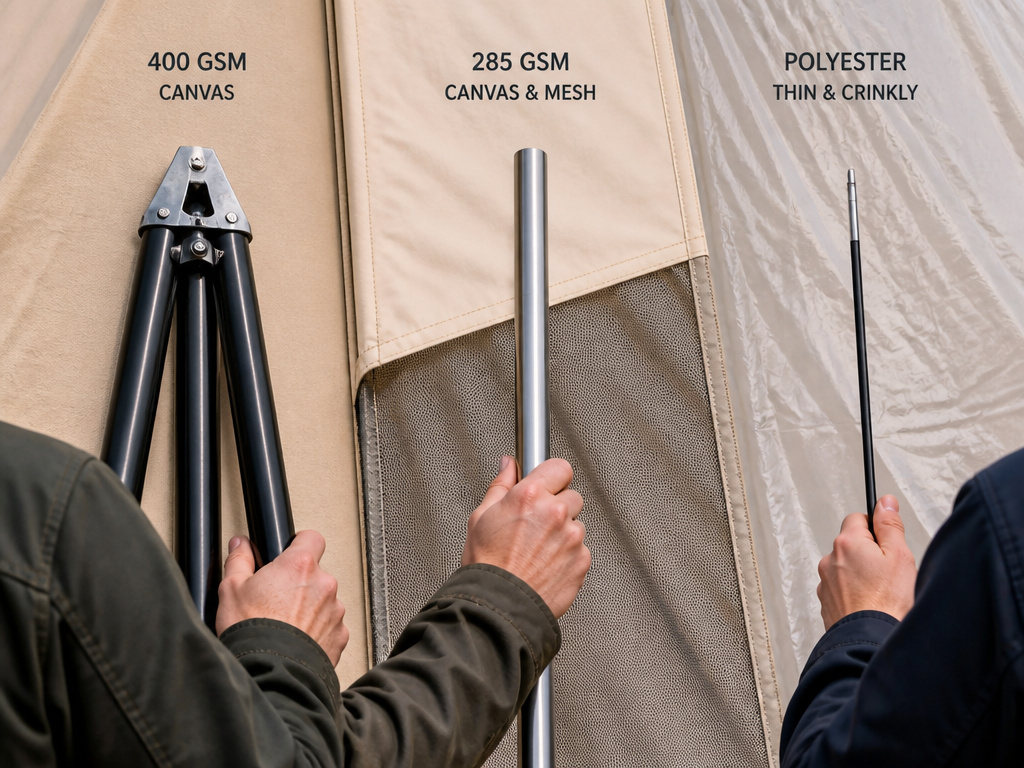 Three types of bell tent fabric and poles compared: premium, mainstream, and budget.