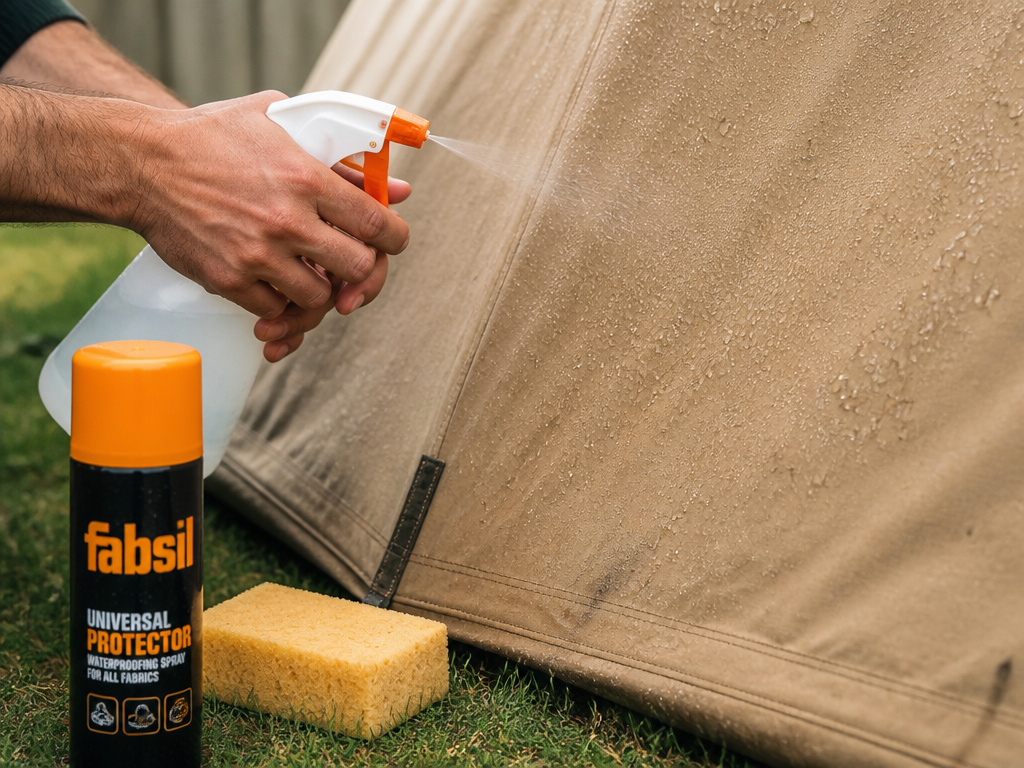 Close-up of hands applying waterproofing spray to a canvas bell tent.