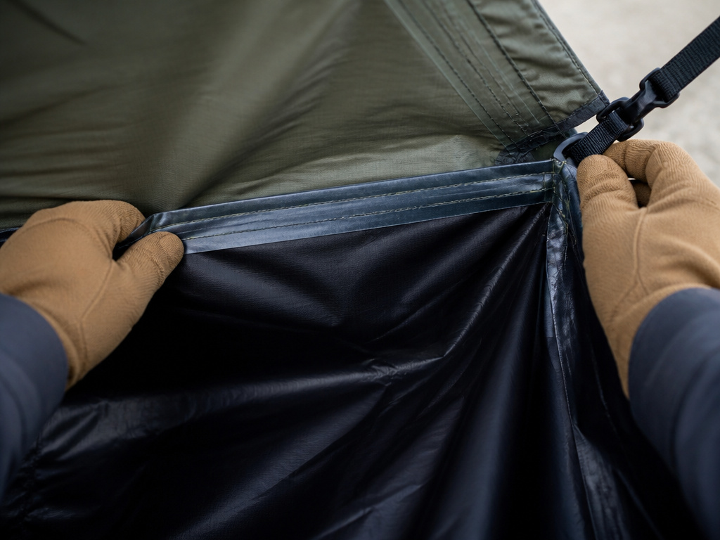 Close-up of a taped tent seam and bathtub floor construction detail.