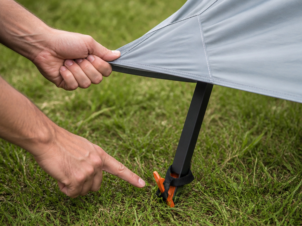 Close-up of hands testing canopy tent stability with a pull test.