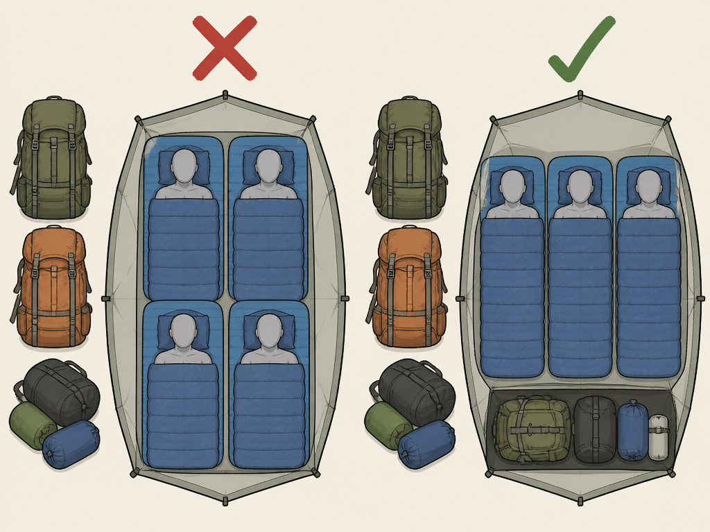 Tent floor diagram comparing manufacturer sleeping pad capacity versus realistic comfortable occupancy.