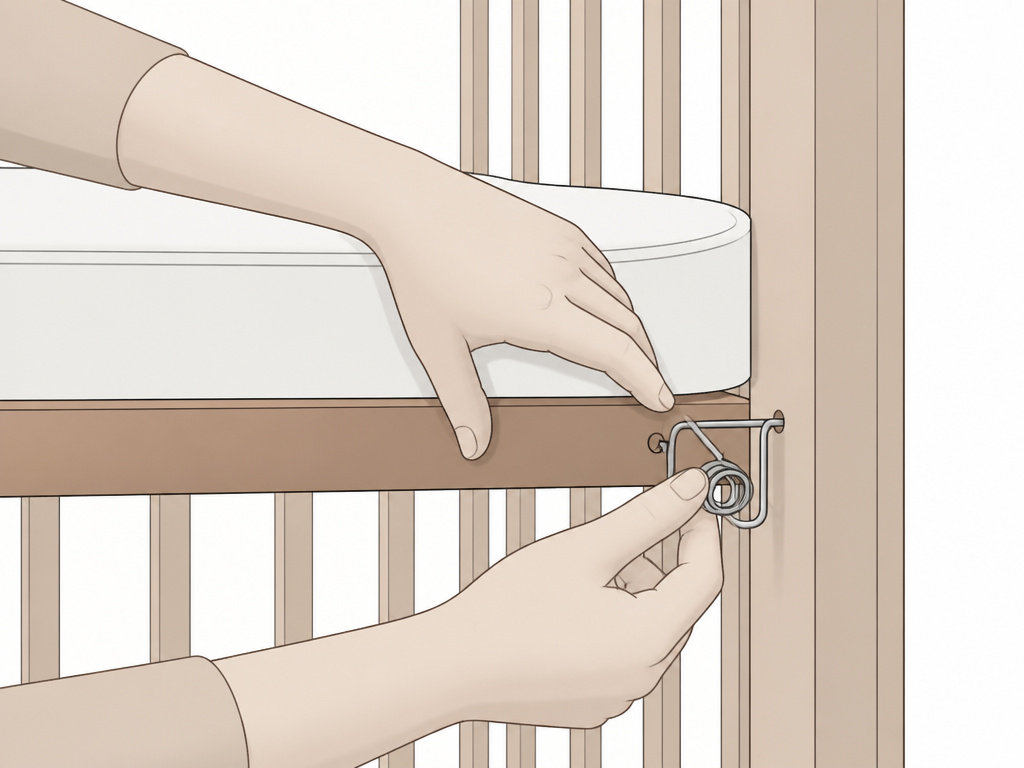 Adult hands lowering a crib mattress to the safest, lowest setting.