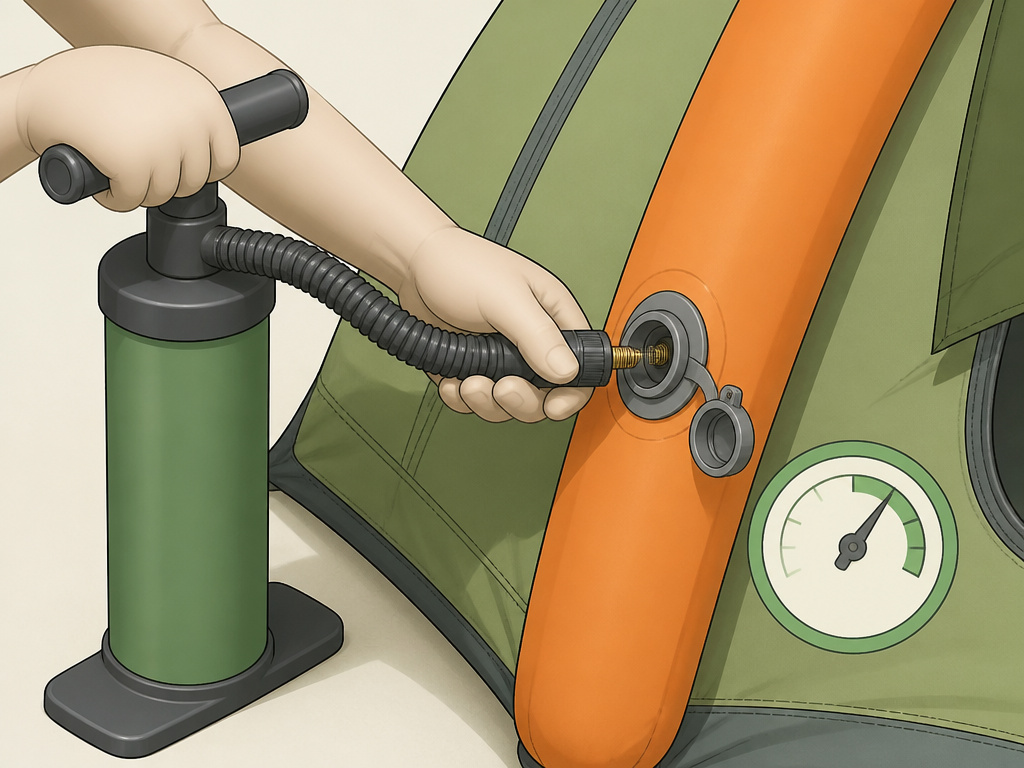 Close-up diagram of pumping an inflatable tent air beam to correct pressure.