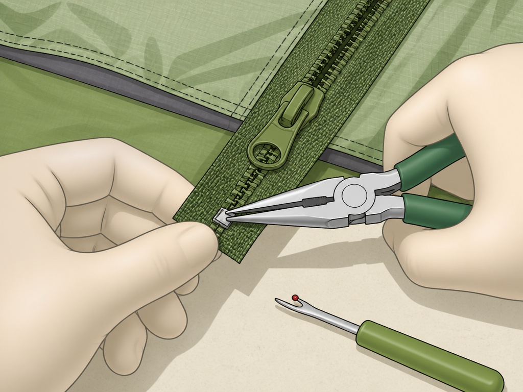 Hands using pliers to secure a zipper slider on a tent door repair.