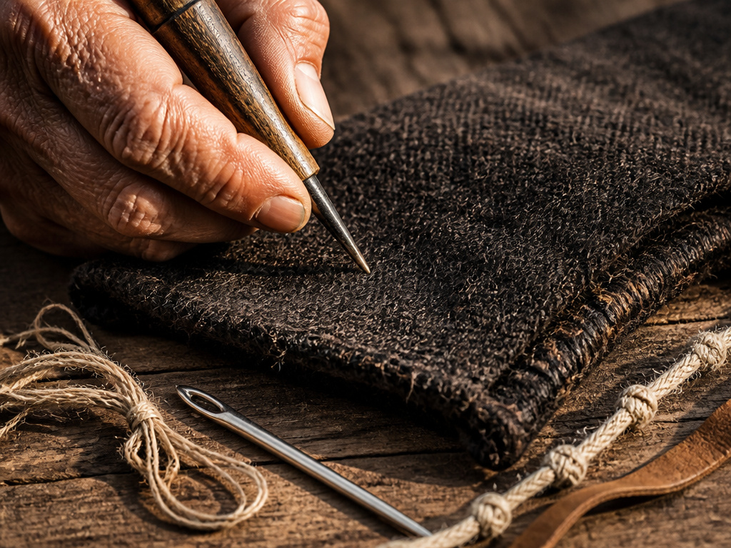 Ancient tent-making tools: awl, needle, thread, and cilicium fabric.