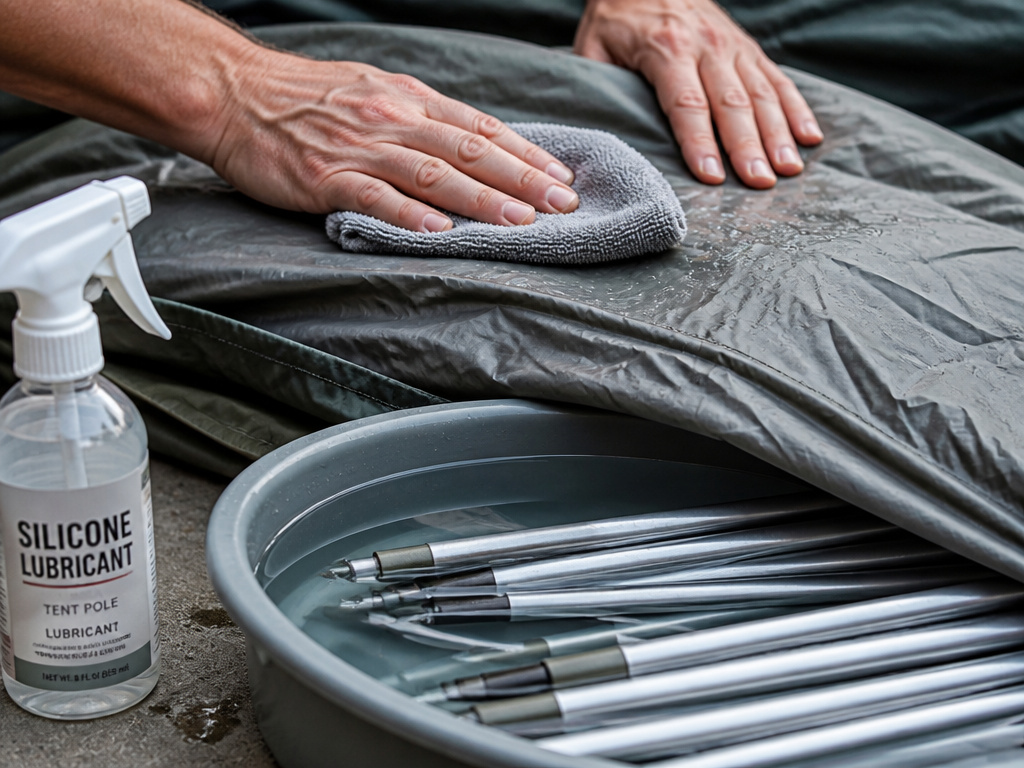 Person drying a wet tent and rinsing tent poles to prevent mildew and corrosion.