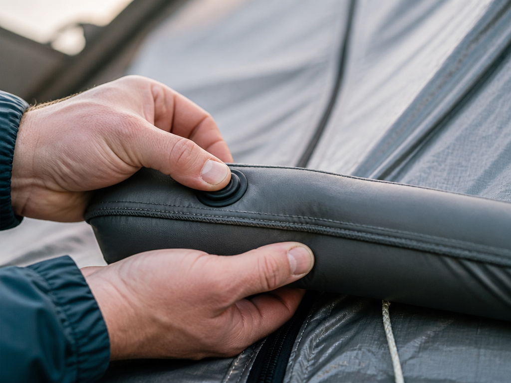 Close-up inspection of a durable inflatable tent pole seam and air valve.