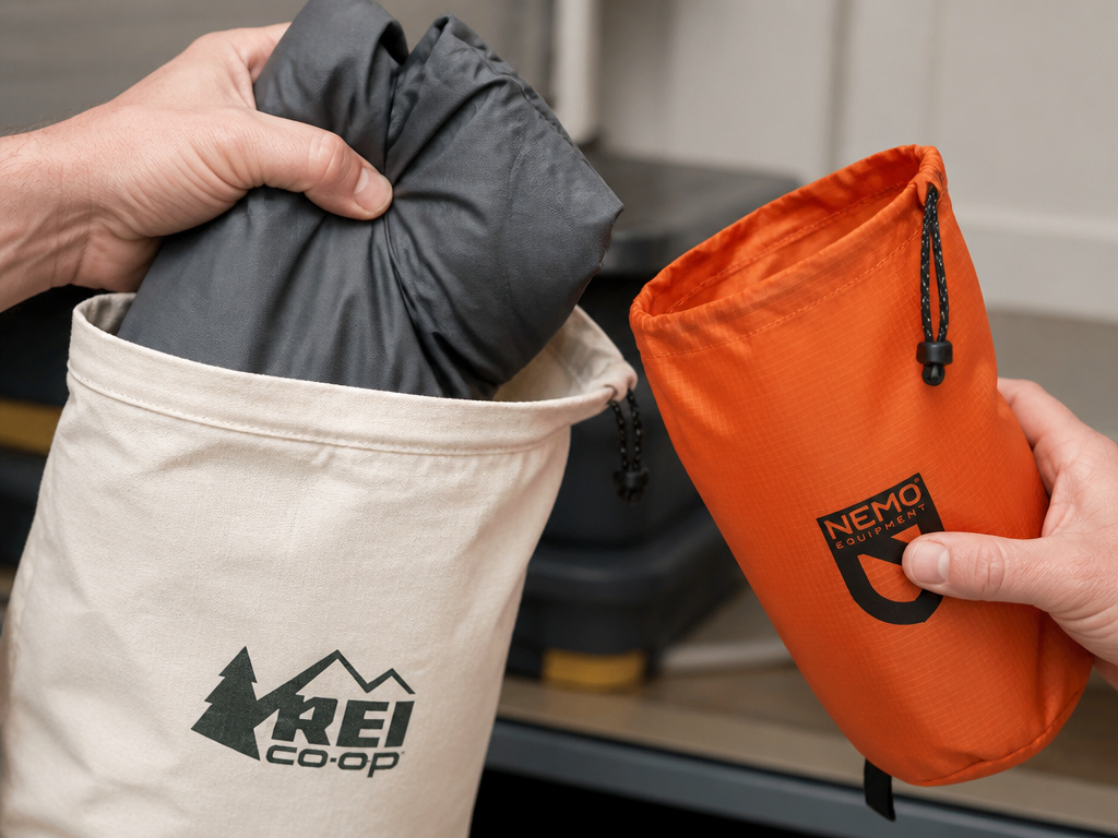 Hands storing a loosely folded tent in a breathable cotton bag for long-term storage