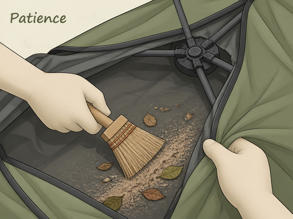 Close-up of sweeping debris from a pop-up tent before storage.