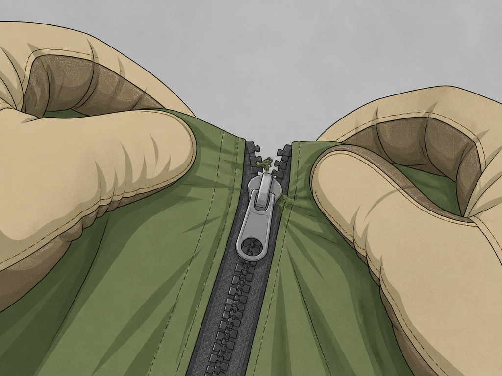 Troubleshooting a stuck tent zipper by gently releasing snagged fabric.