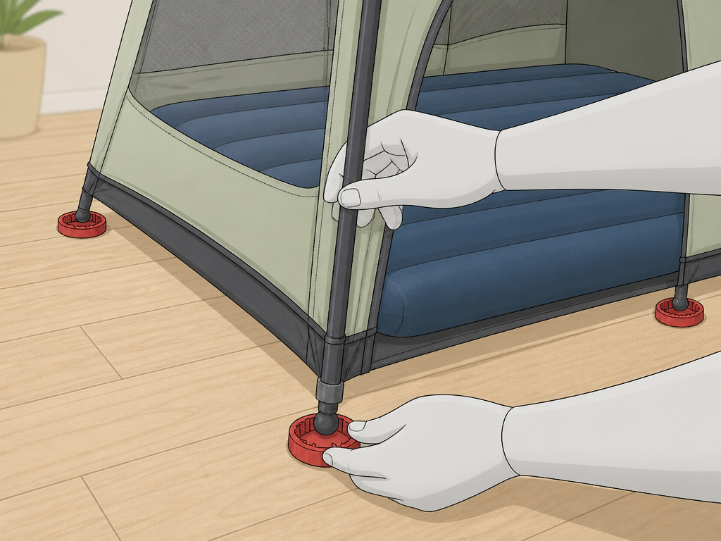 Troubleshooting a wobbly slumber party tent by stabilizing the legs.