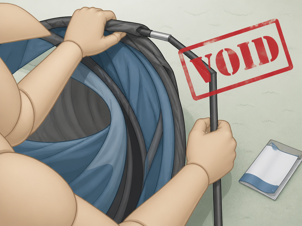 Hands struggling to fold a tent pole, voiding a short warranty.
