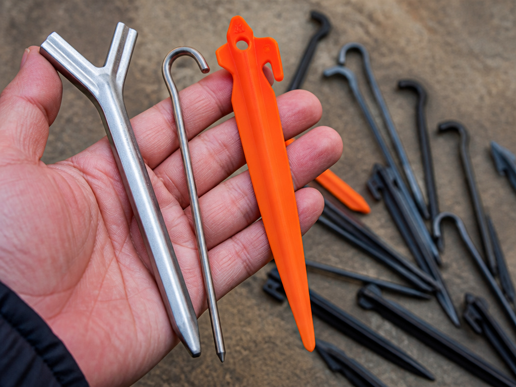 Upgraded aluminum, titanium, and sand tent stakes compared to factory plastic stakes.