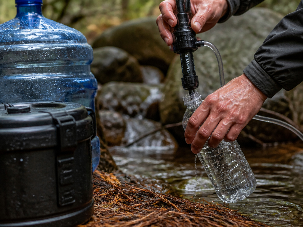 Portable water filter and bear canister for safe camping food and water storage.