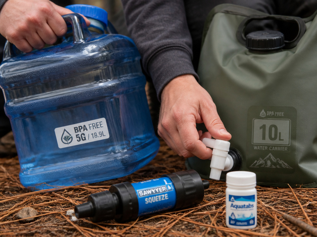 Essential tent camping water gear including jugs, filter, and collapsible carrier.