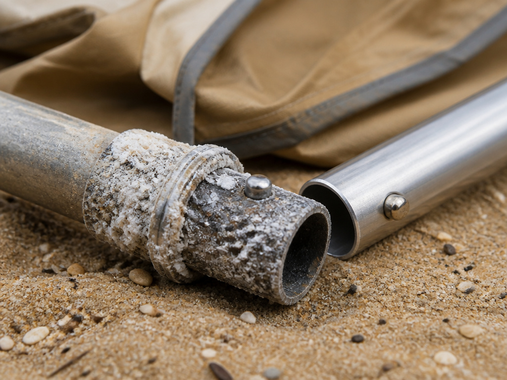Salt corrosion damage on beach tent pole joint close-up