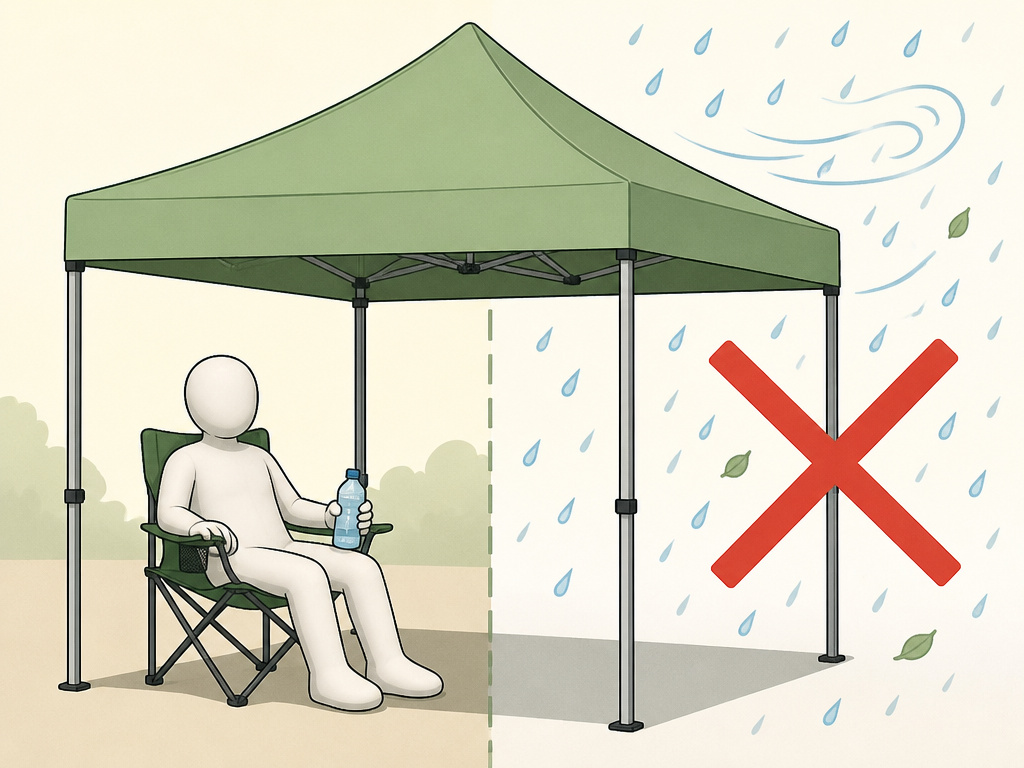 Canopy tent uses and limitations diagram for sun shade versus rain and wind.