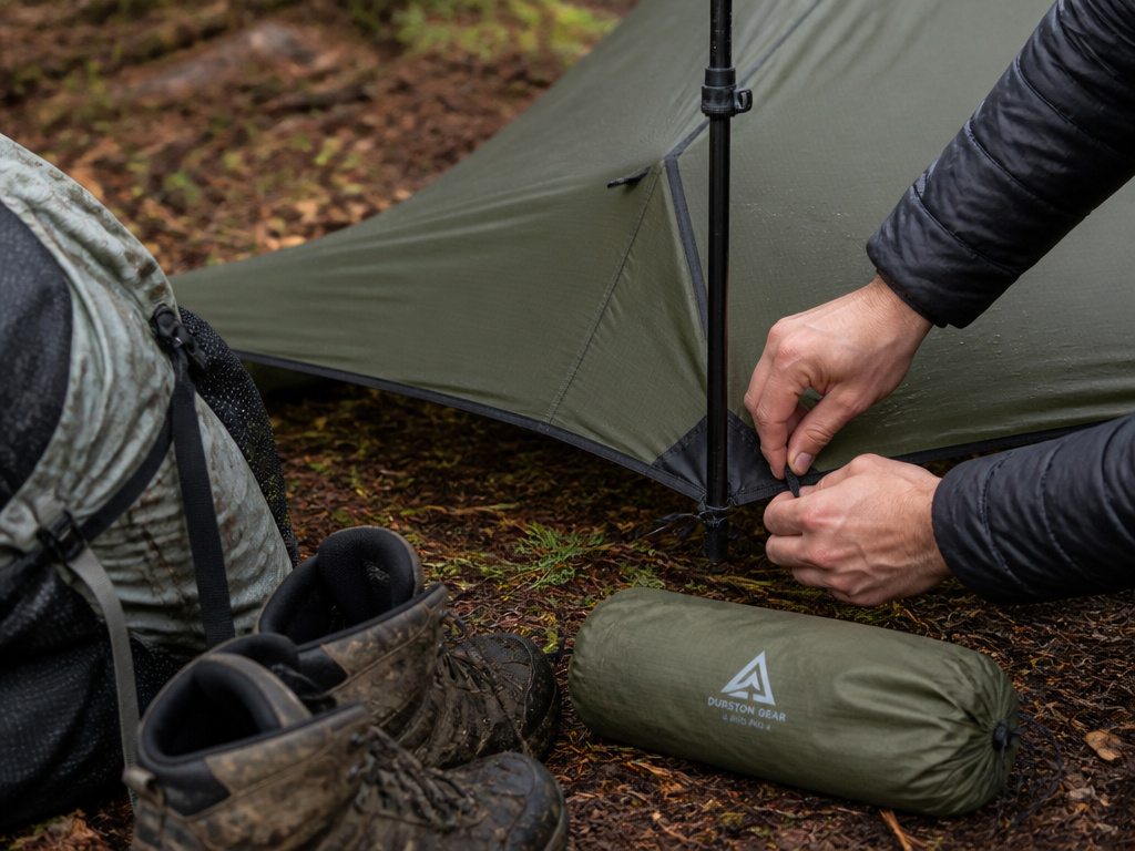 Close-up of hands setting up a modern lightweight pup tent for solo backpacking.