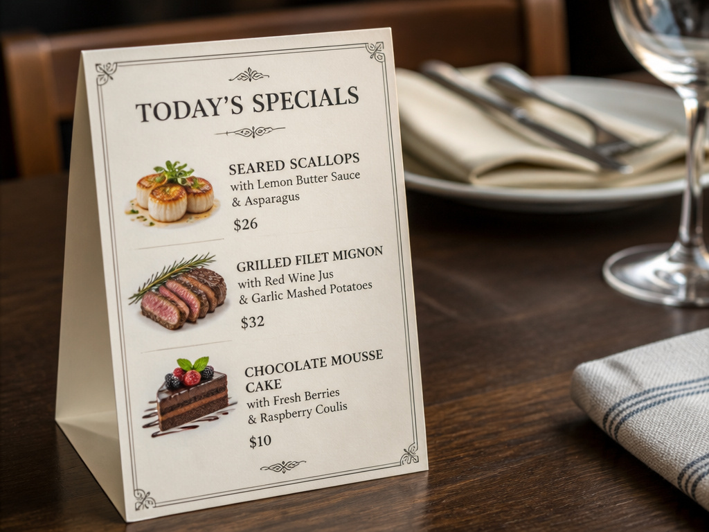 Tent card on a restaurant table showcasing daily specials menu for diners.