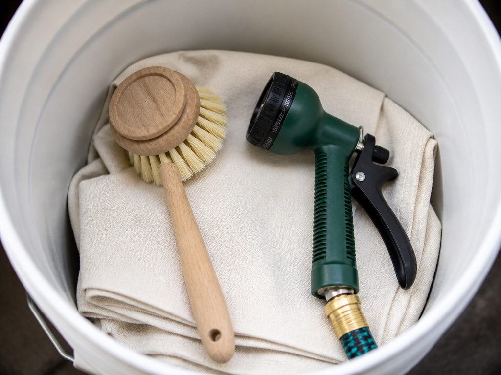 Essential tools for cleaning tent trailer canvas: bucket, soft brush, hose nozzle.