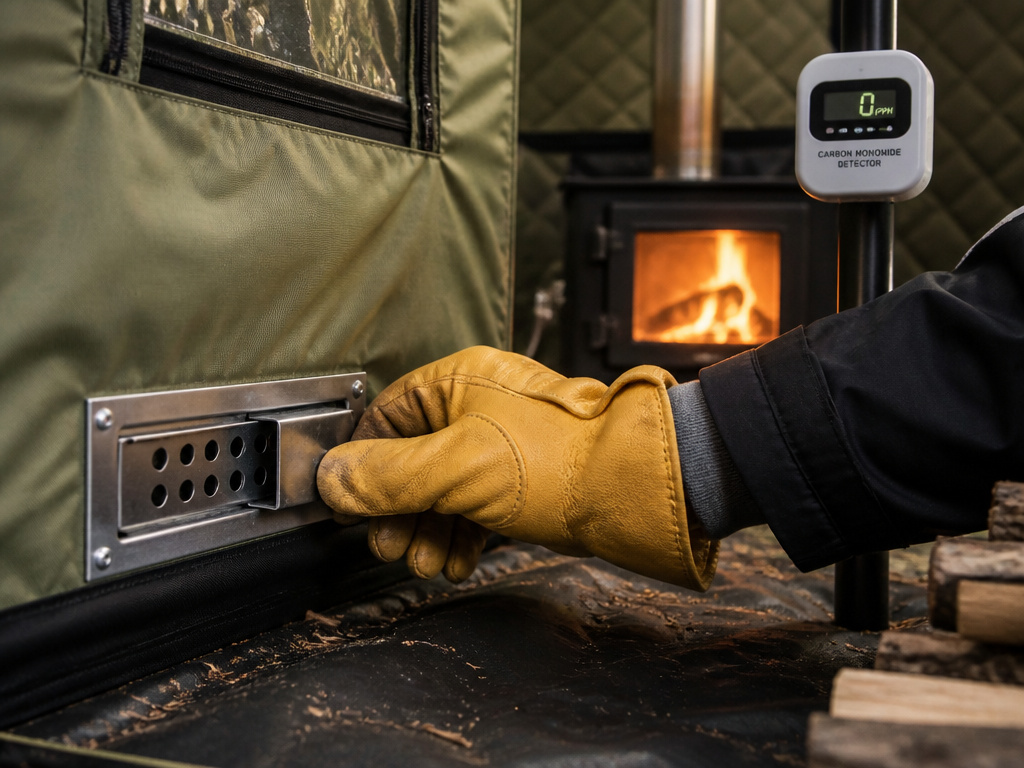 Close-up of adjusting a hot tent vent with CO detector visible for safety.