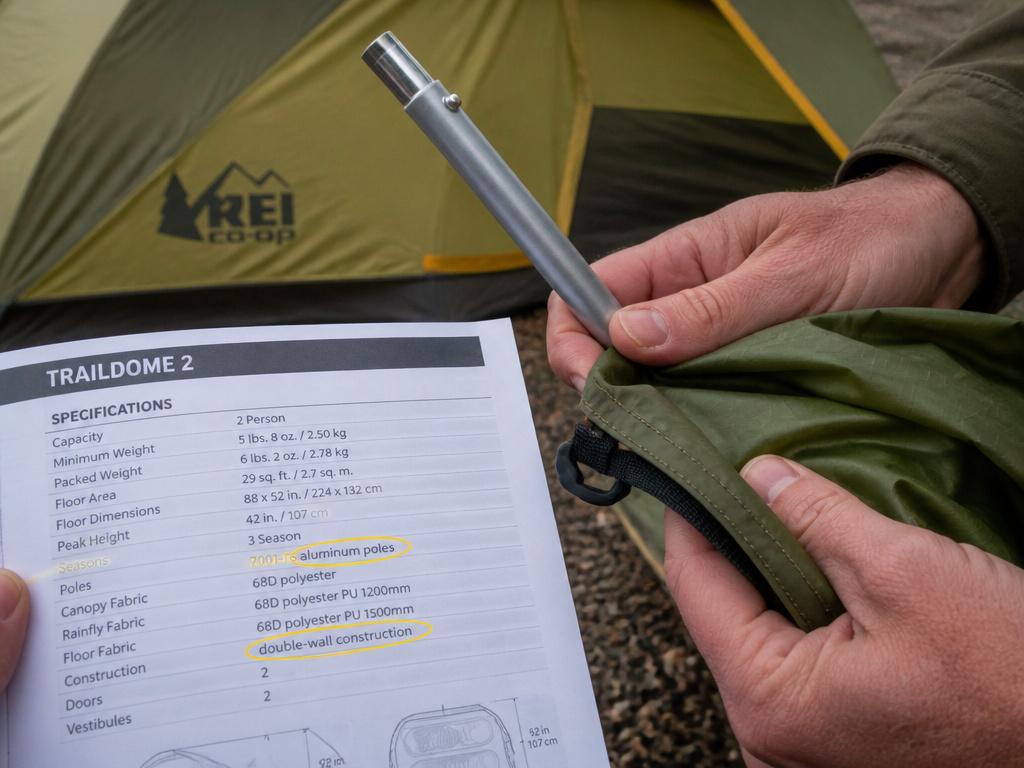 Close-up of aluminum tent pole and rainfly with highlighted budget tent specifications