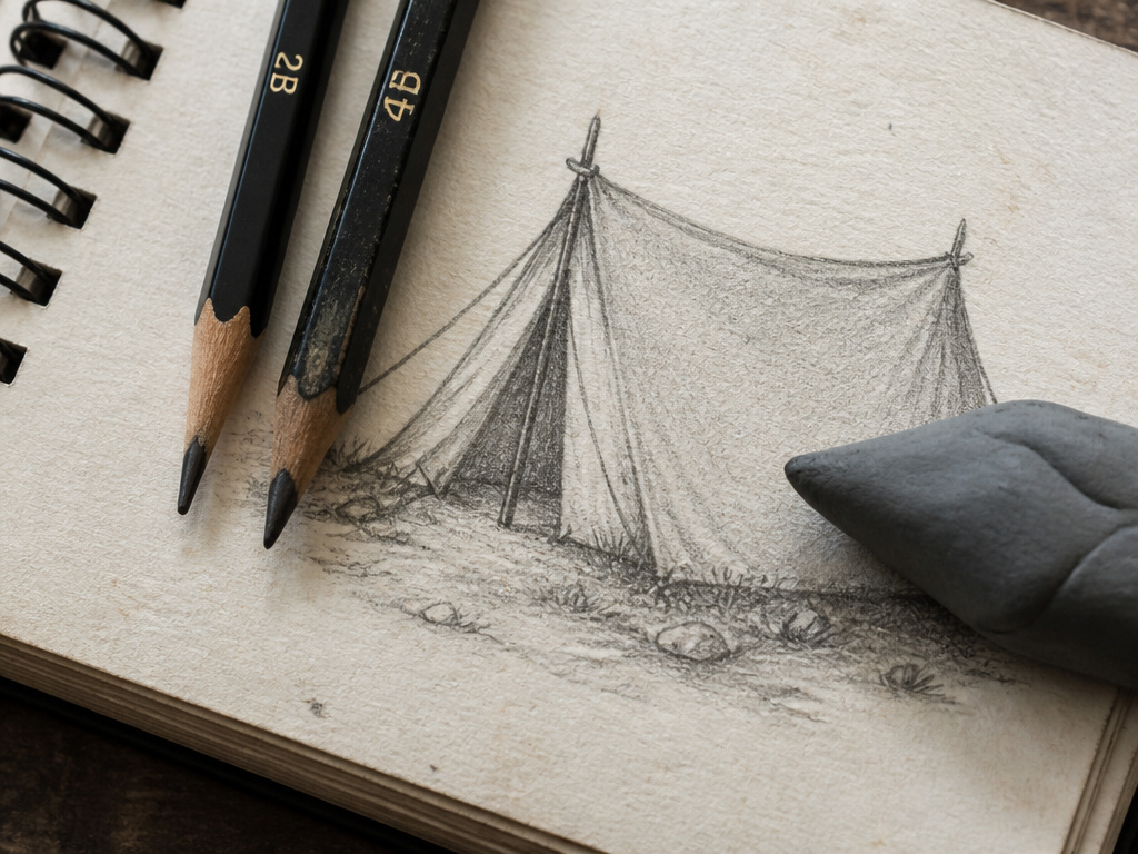 Essential drawing tools for sketching a tent: 2B and 4B pencils on textured paper.
