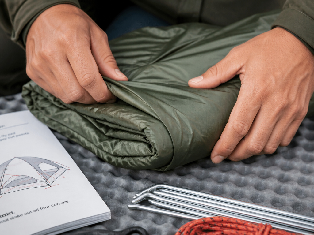 Hands folding a tent on a foam pad with the instruction manual nearby.