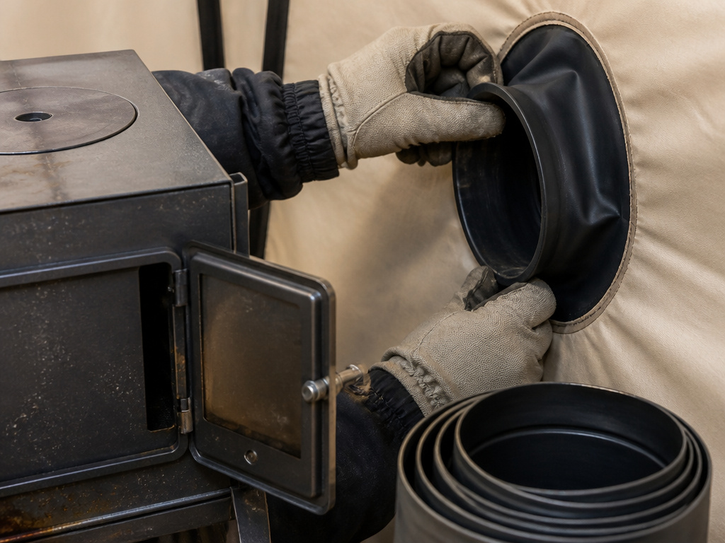 Installing a wood stove jack into a canvas tent for off-grid heating.