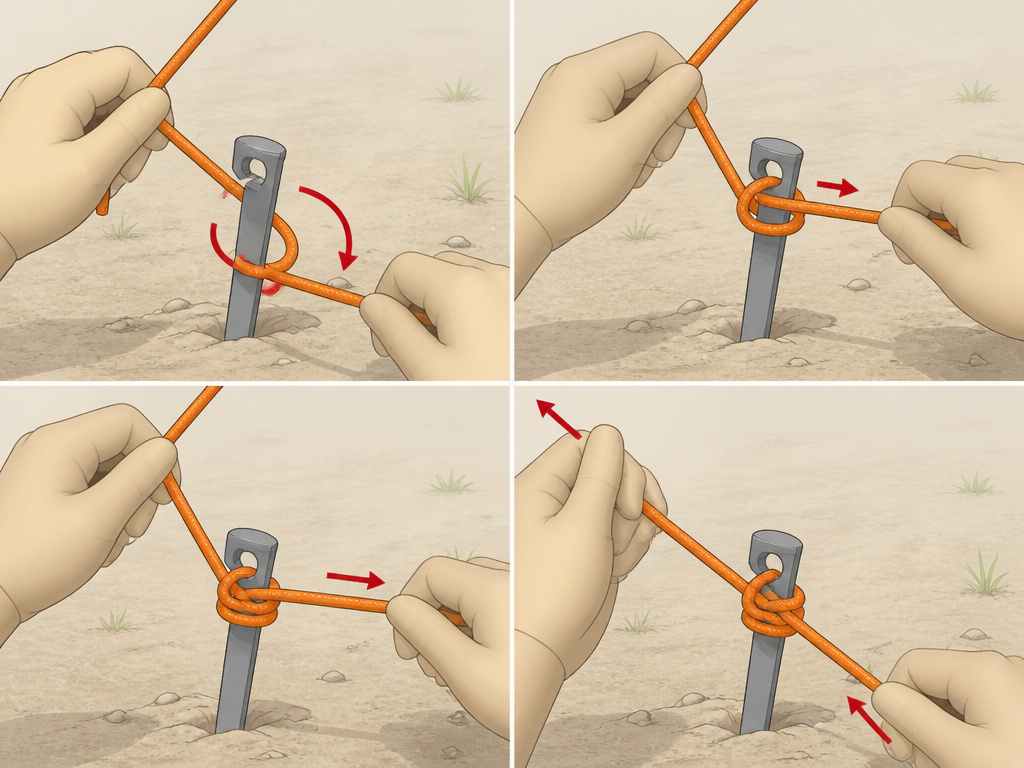 Cartoon diagram of hands tying a slippery half hitch knot on a tent stake.