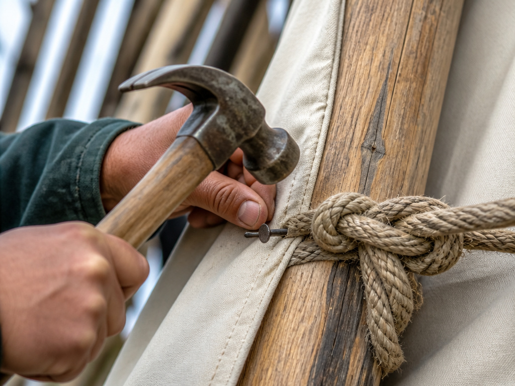 Final teepee assembly step securing lift pole rope with a tack.