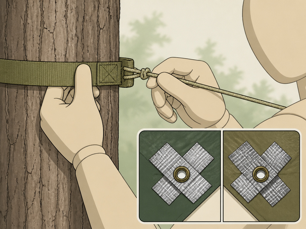 Diagram showing DIY tent ridge line attachment with tree protector and grommet reinforcement.