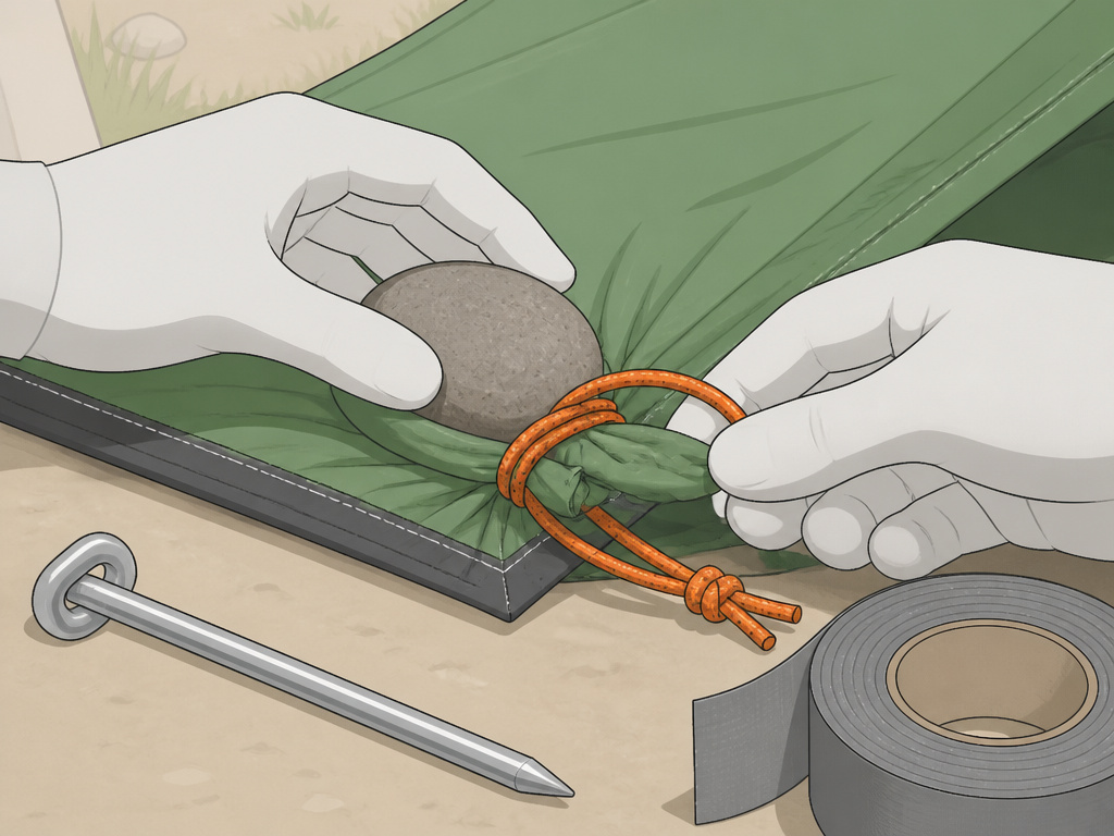DIY tent repair using a stone to replace a torn grommet with paracord.