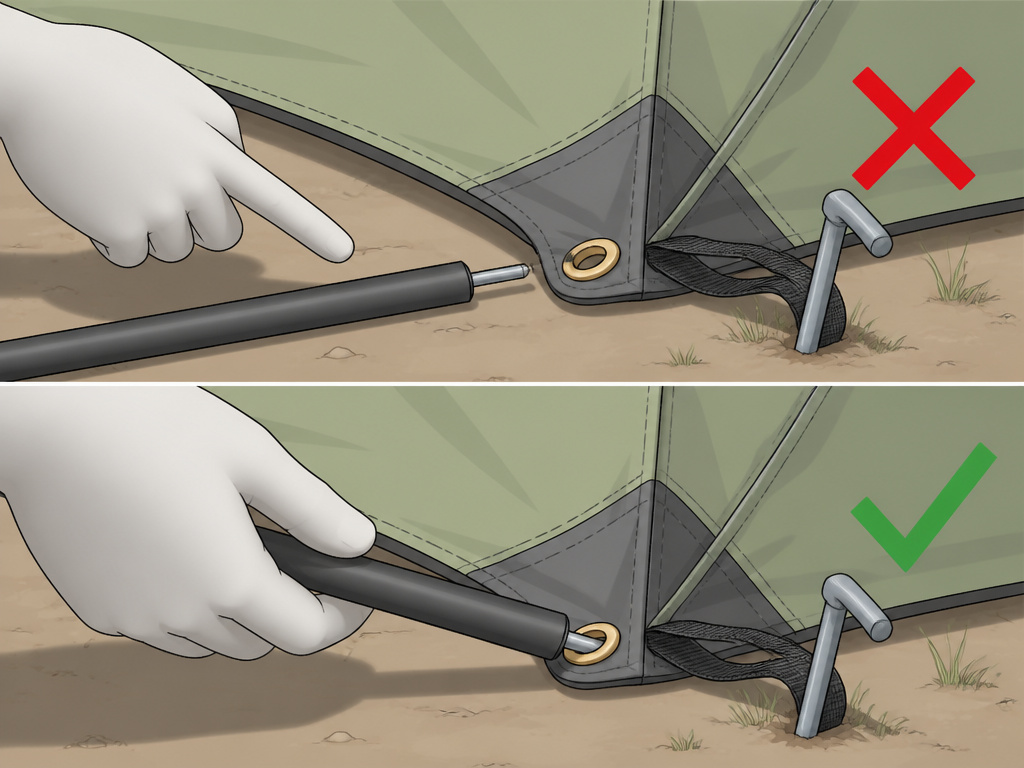 Diagram showing correct and incorrect pole placement in a tent grommet.