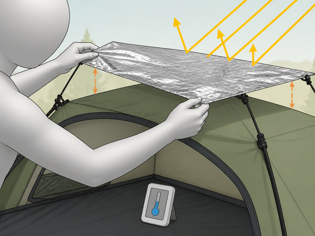 Creating an air-gap sunshade above a tent for summer heat reduction.