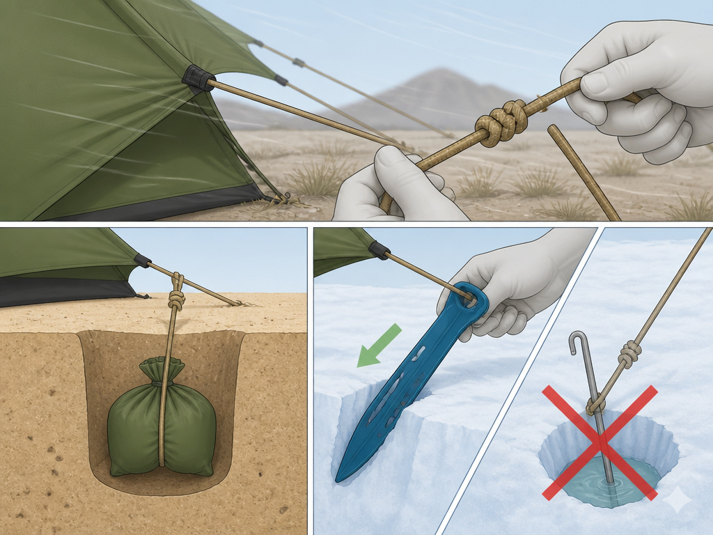 Techniques for tent tie downs in sand, snow, and high wind conditions.